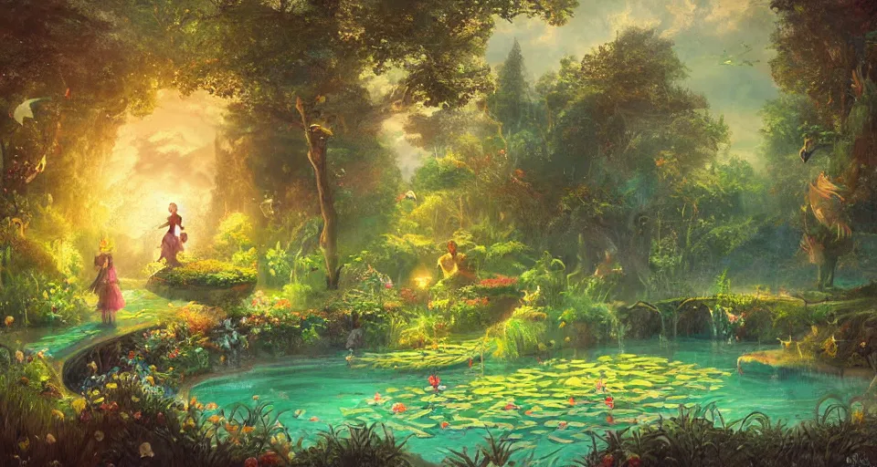 Image similar to a whimsical fairyland with a pond, starry sky, ambient lighting, fantasy art, fennando amorsolo style art