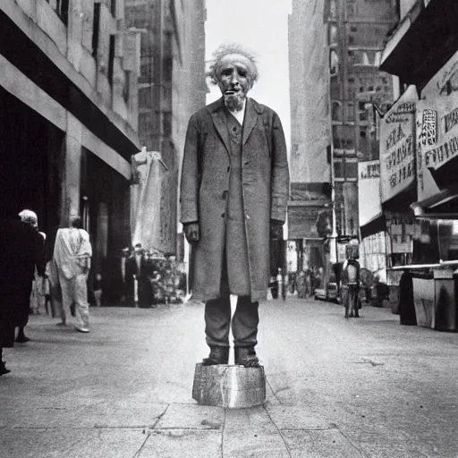 Prompt: einstein standing alone in a scifi city, robots, photograph