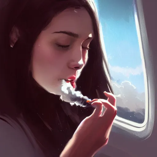 Prompt: a dark - haired girl smoking on the plane highly detailed, digital painting, artstation, concept art, sharp focus, illustration, art by greg rutkowski