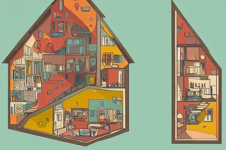 Image similar to a beautiful flat 2 dimensional illustration of a cross section of a house, a storybook illustration by muti and tim biskup, colorful, minimalism, featured on dribble, unique architecture, behance hd, storybook illustration, dynamic composition