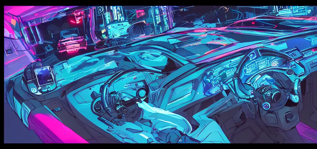 Prompt: dashboard in screen, zenithal view, blue neon light, in the graphic style of Patrick Gleason, drawn by Mobius, detailed art, trending on Artstation, comic art