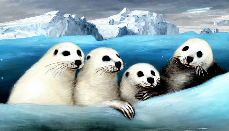 Image similar to highly detailed painting of cute furry white baby seal badgers cuddling into each other on a blue and white iceberg by william turner, by greg rutkowski, by william constable, thick brush strokes and visible paint layers, 4 k resolution