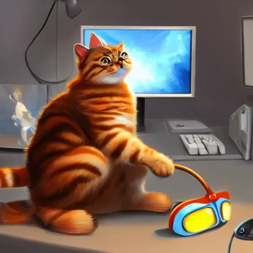 Image similar to A Cat playing video games, uplifting , wearing a headset, fantasy, digital painting, trending on ArtStation, HDR shot