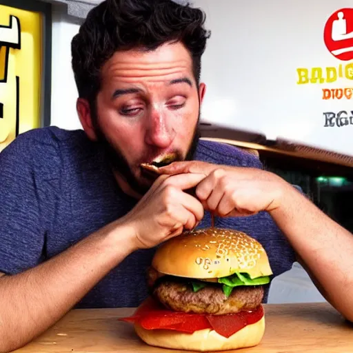 Prompt: a real man eating a real burger in real life