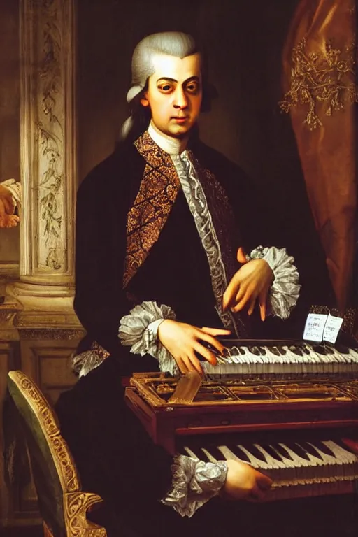 Image similar to a stunning renaissance painting of Wolfgang Amadeus Mozart playing a modular synthesizer, strong dramatic lighting, highly detailed, oil on canvas, HD, 4K