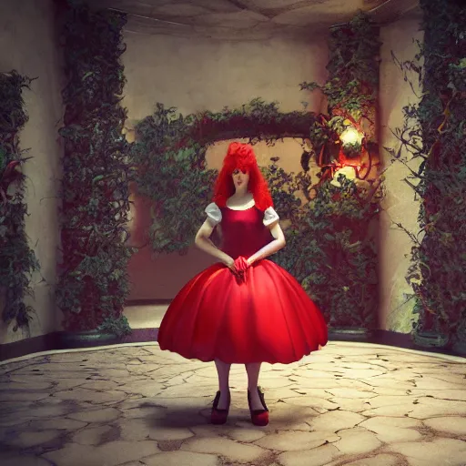 Image similar to red head queen, alice in wonderland theme, disney photo realistic, octane render, 8 k, unreal engine, hd, cinematic lighting