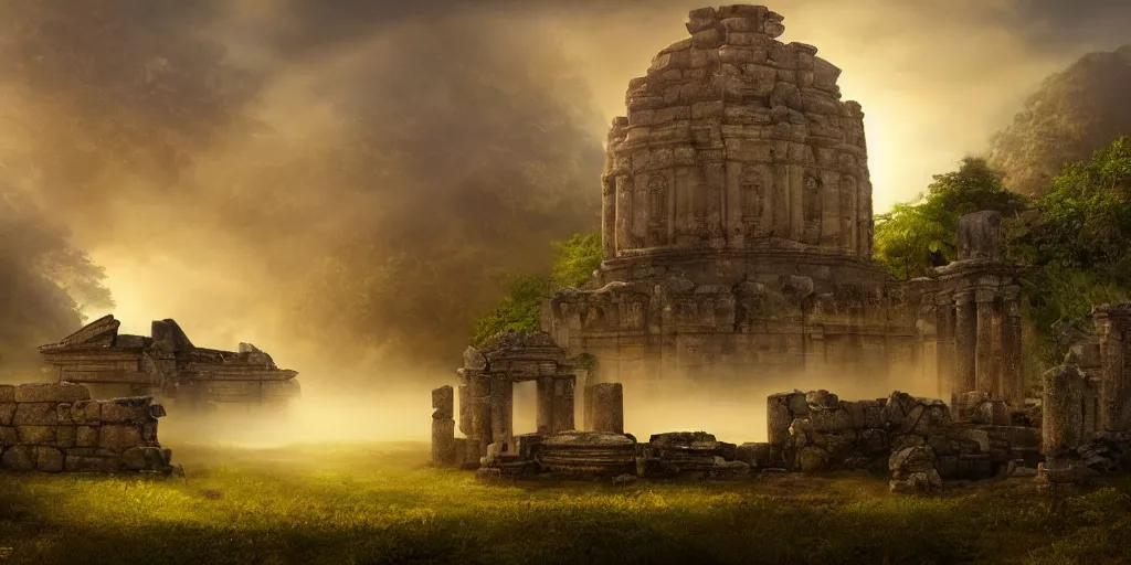 Prompt: beautiful matte painting of antiente temple ruins, fog, sun rise, dramatic light, fantasy