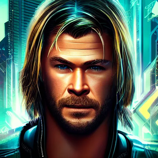 Image similar to chris hemsworth portrait, cyberpunk 2 0 7 7, cyberpunk, photorealistic, ultra detailed, neon, octane, bokeh, cinematic lighting, cyber, cyberpunk city, studio quality, feature, scars, cyberface, 8 k