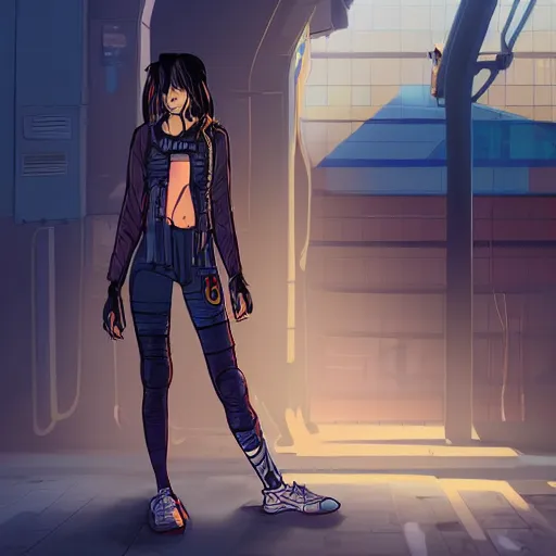 Prompt: full length character design, digital art of a cyberpunk girl in a cyberpunk street with sunshaft