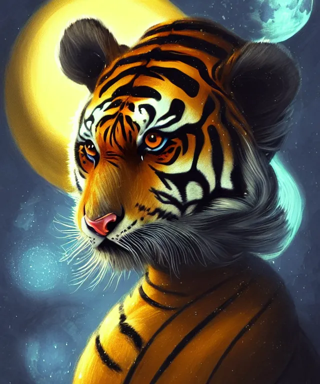 Image similar to anthropomorphic female Tiger, irish origin, sci-fi, bright blue eyes, face, black and yellow hair, fantasy, LSD Dream Emulator, intricate, elegant, new york alleyway, moonlit, highly detailed, digital painting, artstation, concept art, smooth, sharp focus, illustration, art by artgerm and greg rutkowski and alphonse mucha