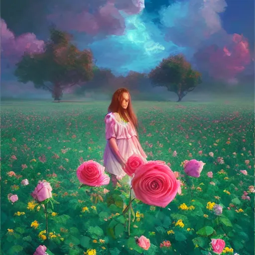 Image similar to large rose face, girl floating in a flower field, surreal photography, sunrise dramatic light, impressionist painting, colorful clouds, digital painting, artstation, simon stalenhag