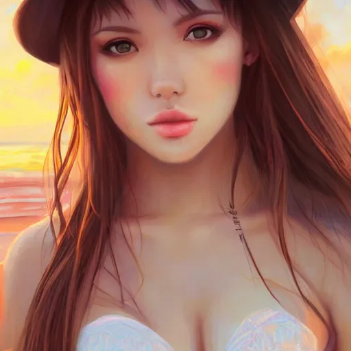 Image similar to portrait of beautiful woman on the beach, brown eyes, sunset, highly detailed, by wlop, rossdraws, artgerm.