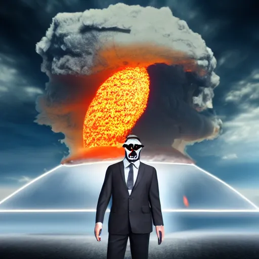 Image similar to A hyperrealistic 3D render of a nuclear explosion reflected in the bleeding eyes of a man in a suit smoking a cigar