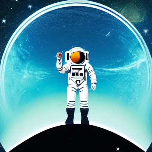 Image similar to A lonesome astronaut floating through space, with multiple colourful planets and stars in the background, and a deep blue sky, in the style of 60s scifi