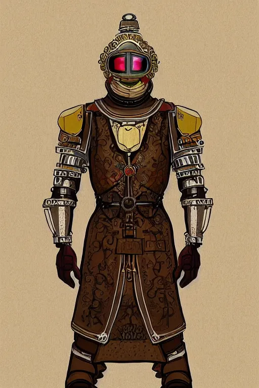 Image similar to beautiful calm bright ai generated fullbody character illustration of a medieval timetraveller highpriest in ornated wooden armor and decorated sacred outfit and heavily equipped with steampunk cyberwares. rendered by machine.delusions. inspired by: @machine.delusions on instagram. Slightly reminds to ghibli studio style. Fullbody portrait uncut centered cinematic, dramatic pose