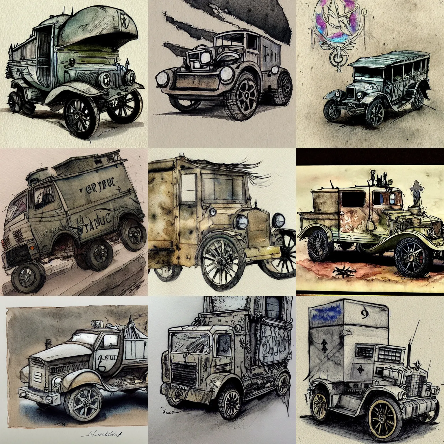 Image similar to beautiful aesthetic inspirational masterful professional ink pen and watercolor sketch of an occult mystical eerie satanic truck in ww 1 verdun, fine details, trending on artstation, high quality paper