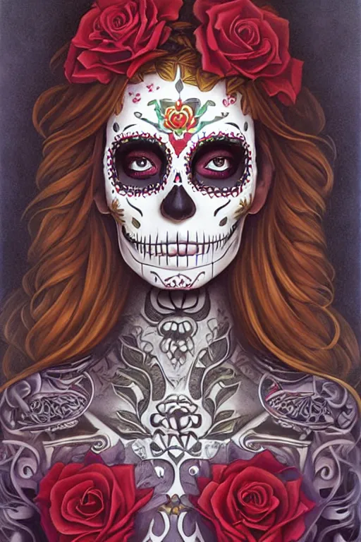 Prompt: Illustration of a sugar skull day of the dead girl, art by christopher vacher