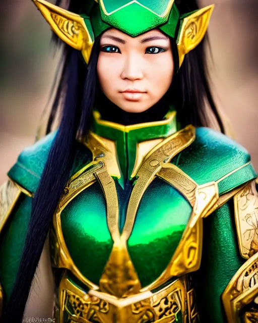 Image similar to a beautiful close up photo of a female Asian elf ranger with long hair and green eyes, no helmet, wearing green and gold futuristic mecha armor, with ornate rune carvings and glowing lining, very detailed, shot in canon 50mm f/1.2