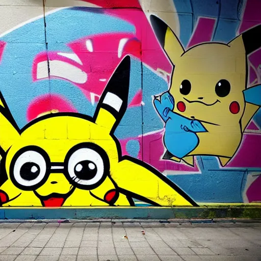 Image similar to graffiti pikachu on the wall, wide angle lens