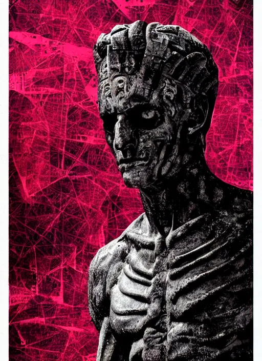 Prompt: dark design poster showing a statue of julius caesar, skeleton, black background with very subtle red and purple design elements, powerful, nekro, vito acconci, thin straight lines, dark, glitch art, neo vaporwave, gritty, layout frame, square, trending on artstation