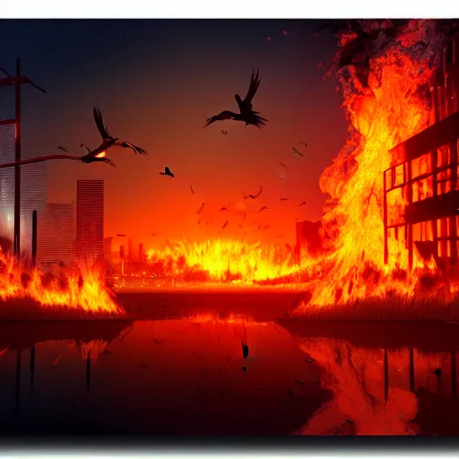 Image similar to in the lower part of the picture is the harp burning in the fire, above are cranes flying in flames, digital painting, concept art