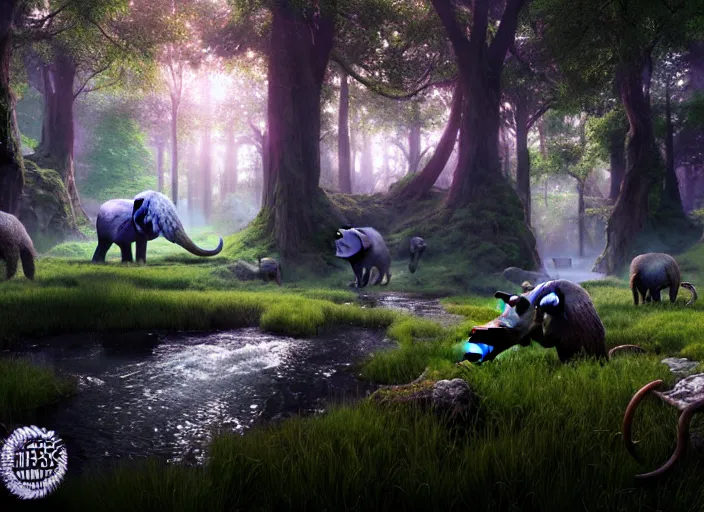 Image similar to hyperrealism, detailed textures, photorealistic 3 d render, a surreal mystical forest with a bright winding creek, a herd of wooly mammoths grazing, ultra realistic cinematic, intricate, cinematic light, concept art, illustration, art station, unreal engine