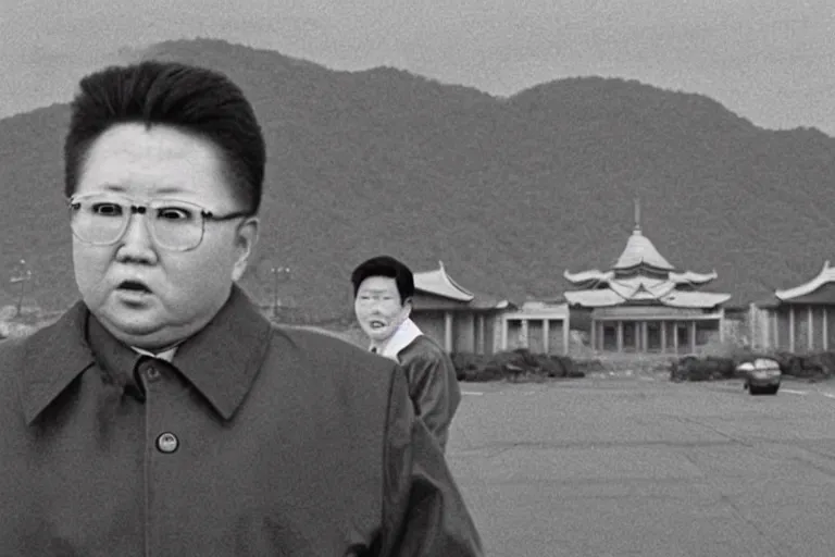 Image similar to a filmstill of Kim Jong-il looking at Starro Kaiju monster destroying Pyongyang, in Stalker (1979) by Andreï Tarkovski, traditional Korean city, palace, epic ultrawide shot, cinémascope