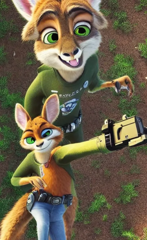 Image similar to “kangaroo in the style of the movie zootopia holding a laser gun and pointing it at the the camera”