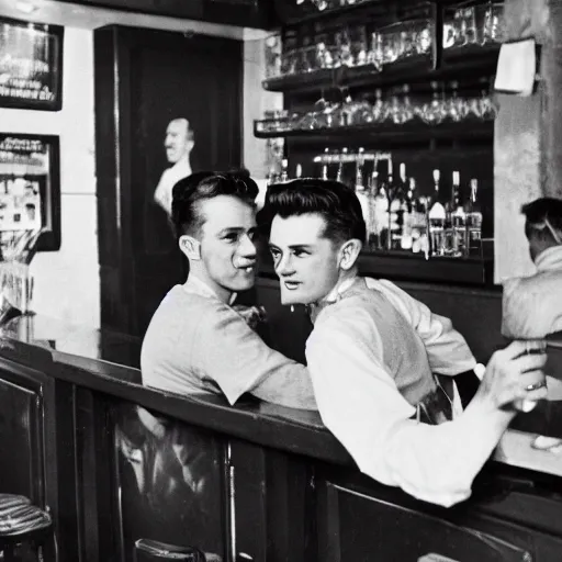 Prompt: gay couple on a bar in paris, 4 0 s, photograph