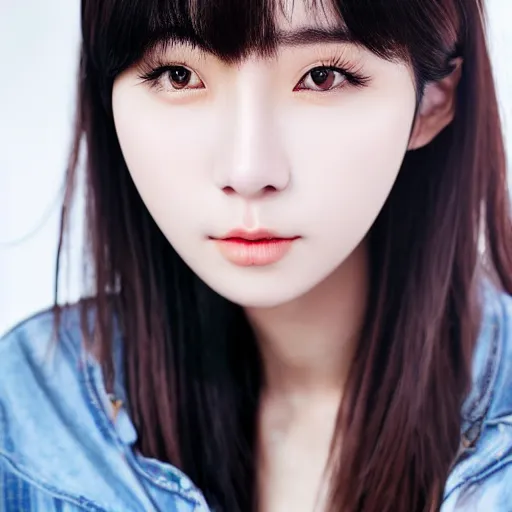 Prompt: Beautiful young korean woman with deep brown eyes and black hair posing, portrait mode photo, popular korean makeup, straight nose, smooth symmetrical chin, only a few bangs of hair, light background, photo realism, 4k detail