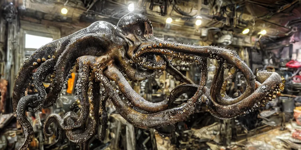Image similar to low wide angle photo taken of an epic intricate, ultra detailed, super realistic gritty, hero prop, exquisitely painted animatronic movie prop of a wet slimy grotesque nightmarish hellish mutant cephalopod creature displayed in the workshop, created by weta workshop, full body shot, photorealistic, sharp focus