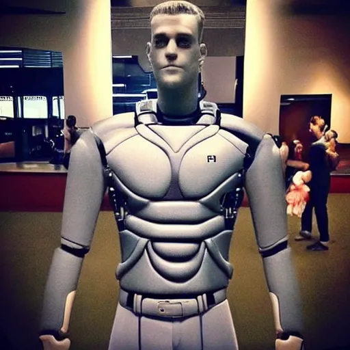 Image similar to “a realistic detailed photo of a guy who is an attractive humanoid who is half robot and half humanoid, who is a male android, baseball player Bryce Harper, shiny skin, posing like a statue, blank stare”