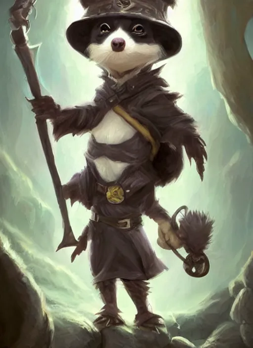 Image similar to cute little anthropomorphic skunk wizard wearing smoldereye (eyepatch), tiny, small, miniature animal, baby animal, short, pale black armor, cute and adorable, pretty, beautiful, DnD character art portrait, matte fantasy painting, DeviantArt Artstation, by Jason Felix by Steve Argyle by Tyler Jacobson by Peter Mohrbacher, cinematic lighting