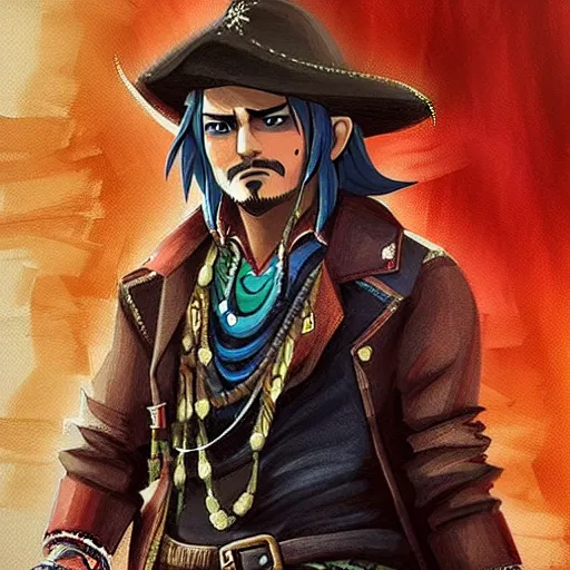 Prompt: johhny depp in the art style of breath of the wild, grimdark dramatic lighting, digital art, intricate, highly detailed, matte painting, fine art
