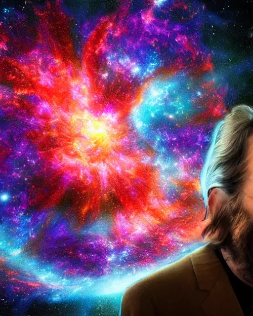 Prompt: alan watts floating in a nebula explosion wormhole portrait painting highly detailed procreate, 3d render senior artist, photorealistic, textured, featured on artstation