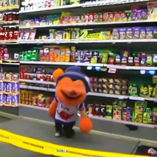 Image similar to security camera footage of a sports mascot knocking items off the shelves in a convenience store