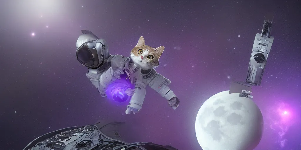 Prompt: A cat in sifi spacesuit looking down on Gotham city, purple night, giant moon in background, 8k, hyperdetailed, cinematographic, dynamic scene, wide angle camera, Artstation, unreal engine