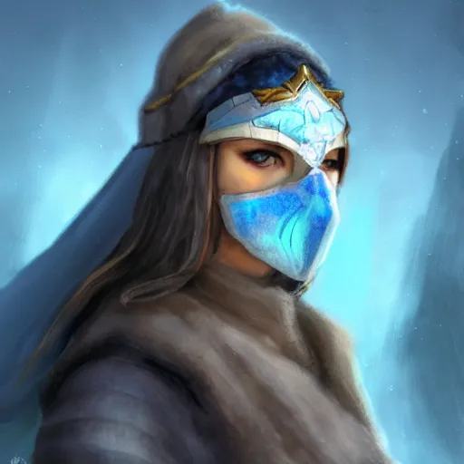 Image similar to bandit from ‘ icewind dale ’, with a frost blue gem mask lined with copper, ‘ icewind dale 2 ’ profile portrait by ‘ justin sweet ’, falling snow, soft focus, illustration, oil paint, artstation