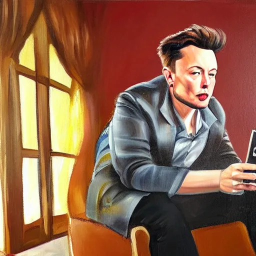 Image similar to a beautiful complex painting of elon musk sitting down and using his phone the back home is a window of the outside