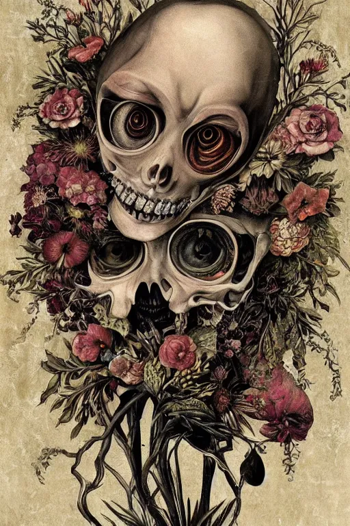 Image similar to Detailed maximalist portrait a with large lips and with large eyes, exasperated expression, botanical skeletal with extra flesh, HD mixed media collage, highly detailed and intricate, surreal illustration in the style of Caravaggio, dark art, baroque