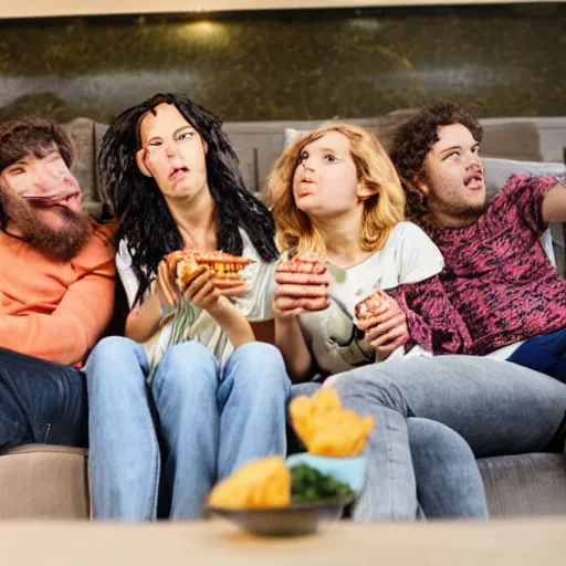 Prompt: a bunch of stoners eating chips on the couch