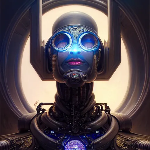 Image similar to low angle shot of a cyberpunk robot character, intricate, elegant, highly detailed, centered, digital painting, artstation, concept art, front shot, smooth, sharp focus, illustration, artgerm, Tomasz Alen Kopera, Peter Mohrbacher, donato giancola, Joseph Christian Leyendecker, WLOP, Boris Vallejo