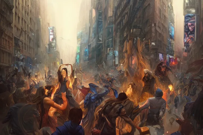 Image similar to Beautiful few sorcerers attacking people on streets with thunders in New York city , wide angle, magic, fire, face painting, dramatic lighting, intricate, wild, highly detailed, digital painting, artstation, concept art, smooth, sharp focus, illustration, art by artgerm and greg rutkowski and alphonse mucha, footage from space camera