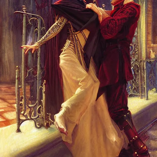 Image similar to attractive male, arthur pendragon confesses his love to attractive male dracula the vampire. highly detailed painting by gaston bussiere, craig mullins, j. c. leyendecker 8 k