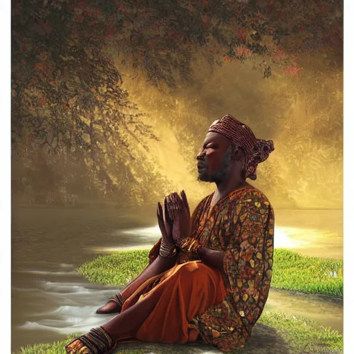 Prompt: contented peaceful nigerian!! bodhisattva, praying meditating, in a scenic environment, detailed, golden hour, realism, artstation trending, digital art