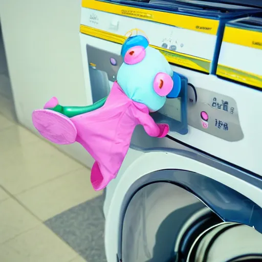 Image similar to plastic toy frog in a bunny suit cleaning up the laundromat, pastel colors