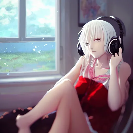 Prompt: anime beautiful girl sits on the sofa and listens to music, the sun shines through the window, white hair, red eyes, clear face, beautiful body, dream light, focus on the face, highly detailed, 8 k, artstation, concept art, in style of kyoto animation, by cushart krenz