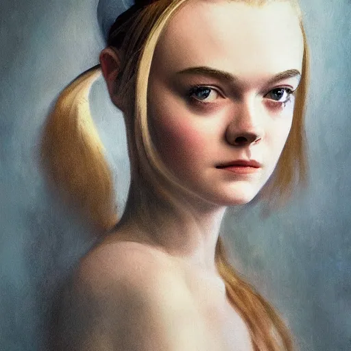 Image similar to ultra realistic medium shot portrait painting of elle fanning in prey, art by frank frazetta and henri - edmond across, 4 k, ultra realistic, highly detailed, epic lighting