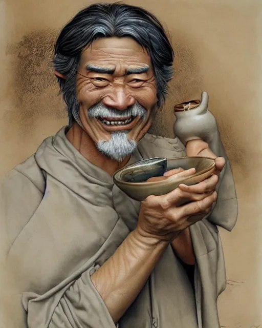 Image similar to real life Uncle Iroh smiling, drinking tea, beautiful, very detailed, hyperrealistic, medium shot, very detailed painting by Glenn Fabry, by Joao Ruas