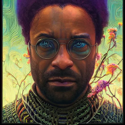 Prompt: portrait of chiwetel ejiofor, hyper detailed masterpiece, neon floral pattern, jean giraud, digital art painting, darkwave goth aesthetic, psychedelic, artgerm, donato giancola and tom bagshaw